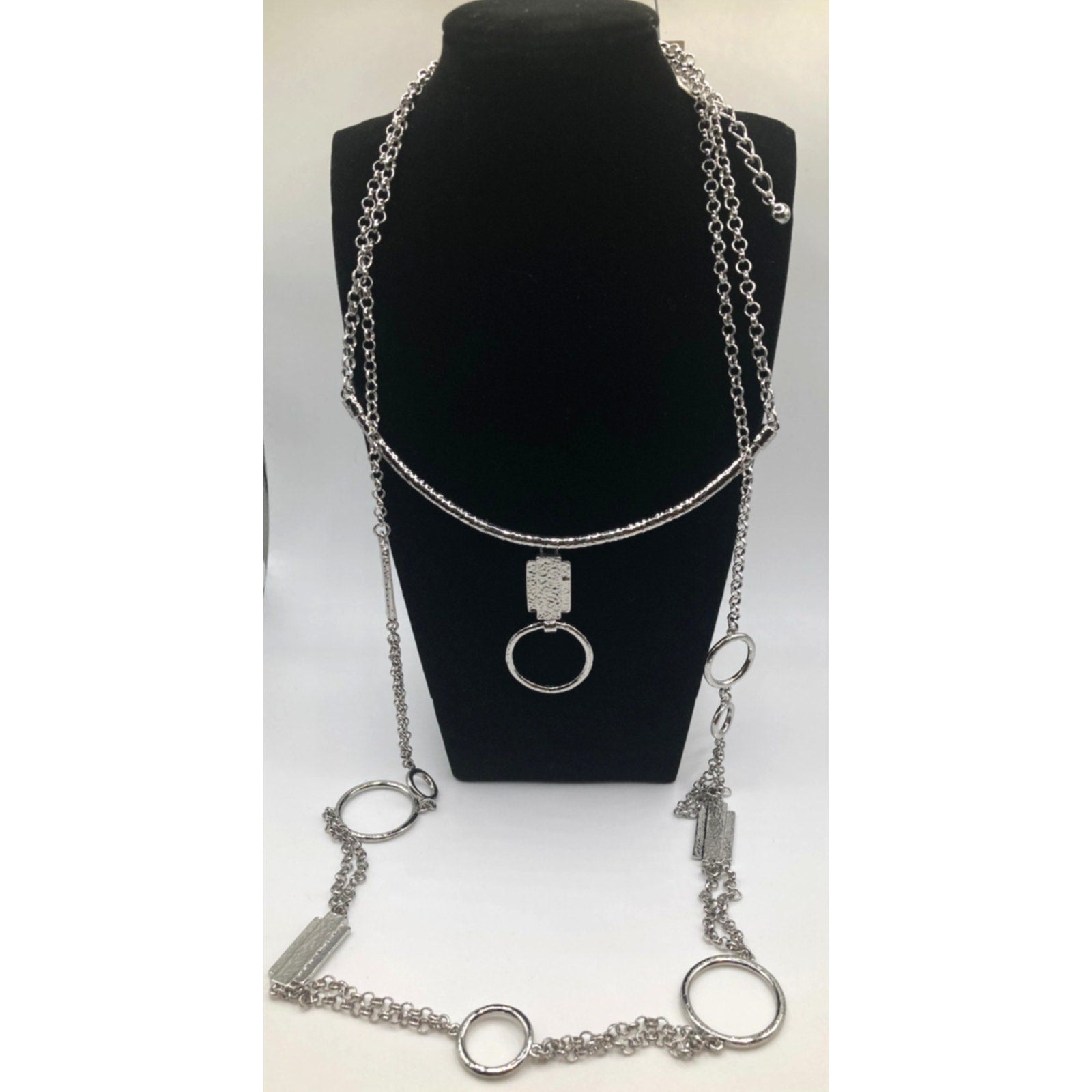 CHICO'S Hammered Silver Tone Geometric Two-Tiered Layered 16" Statement Necklace