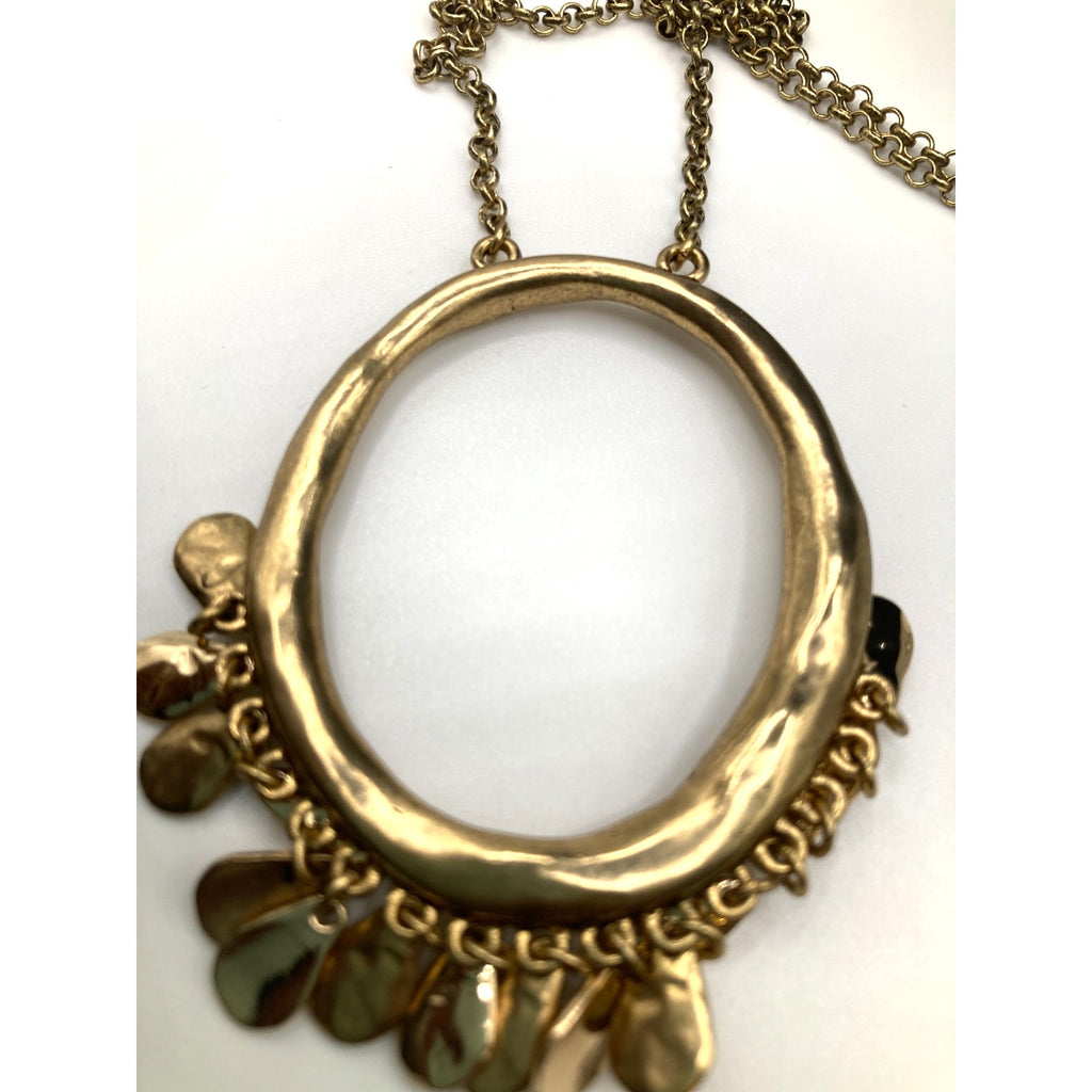 Rustic Long Gold Tone Hammered Abstract Oval Dangle Necklace 30"