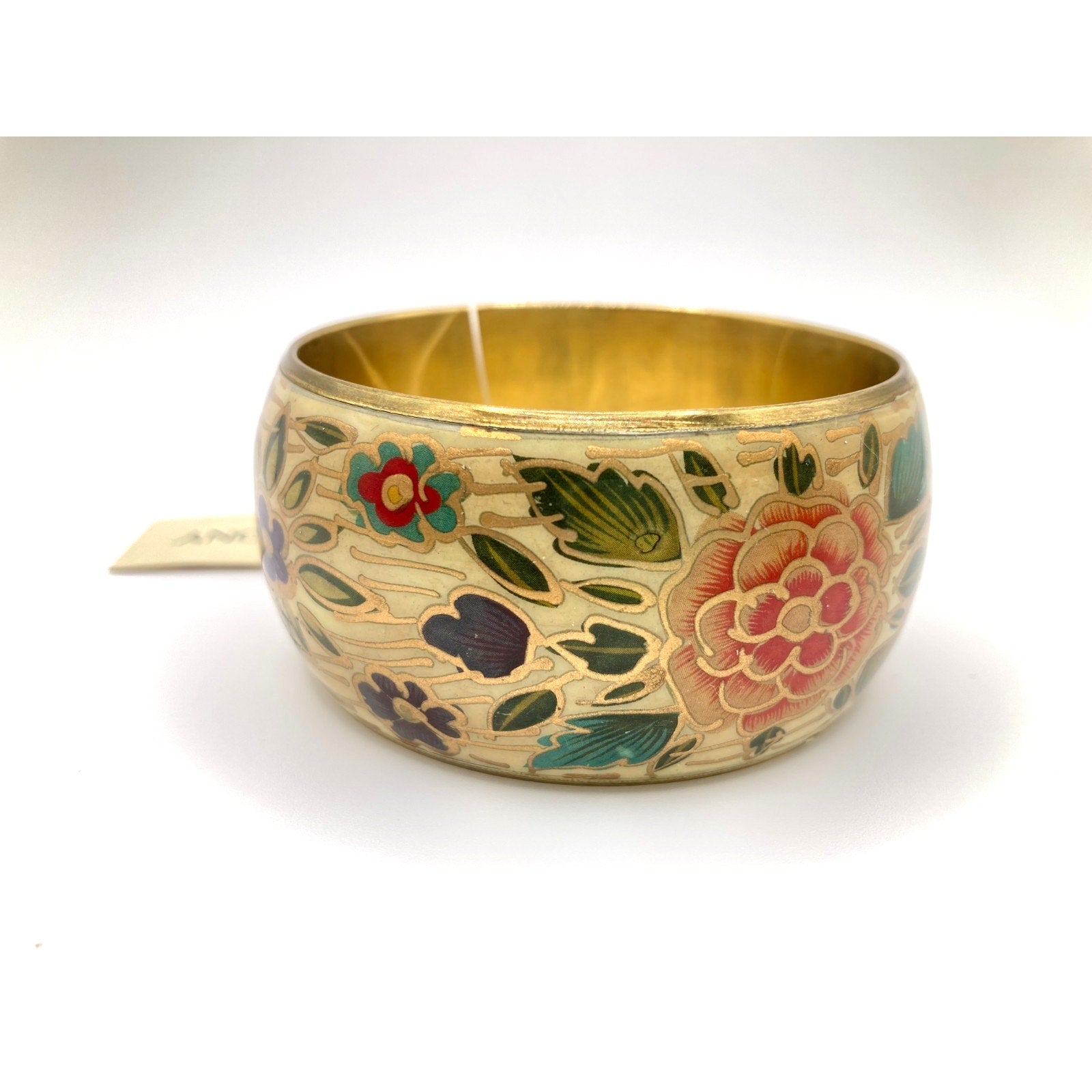 STONY Vintage-Inspired Worn Gold Tone Floral Pattern Wide Bangle Bracelet