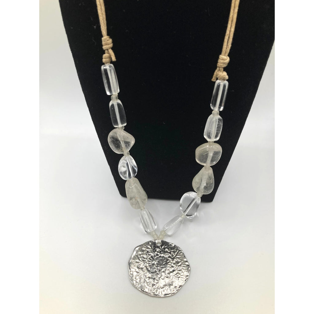 Hammered Embossed Silver Tone Pendant w/ Glass Stone 22" Cord Statement Necklace