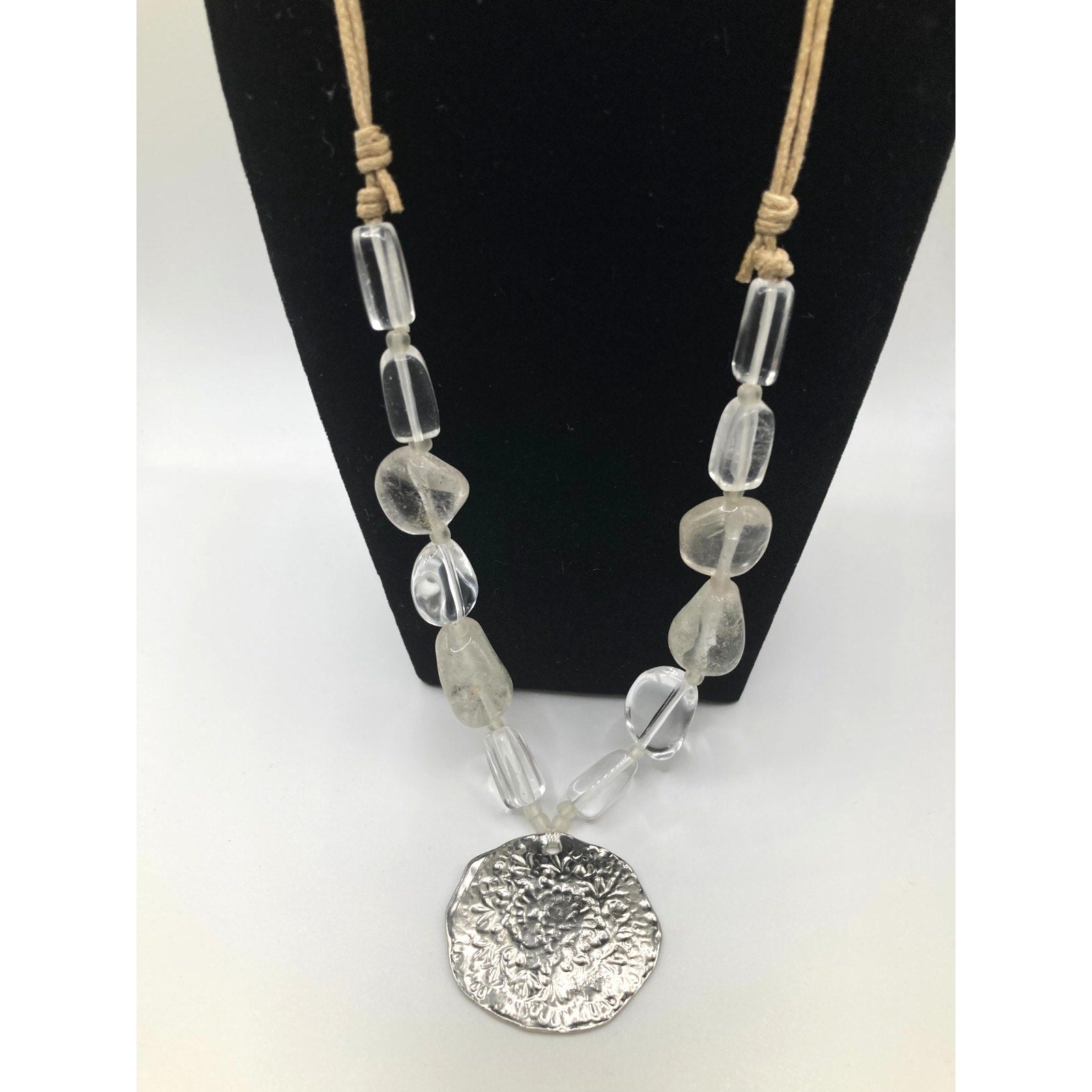 Hammered Embossed Silver Tone Pendant w/ Glass Stone 22" Cord Statement Necklace